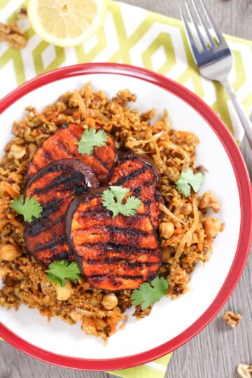 Moroccan freekeh with harissa aubergine - Easy Cheesy Vegetarian