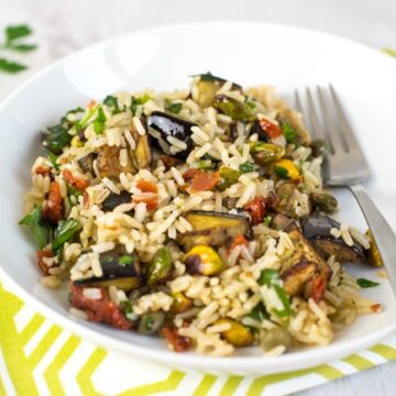 Warm brown rice salad with roasted aubergine and pistachios - Easy ...
