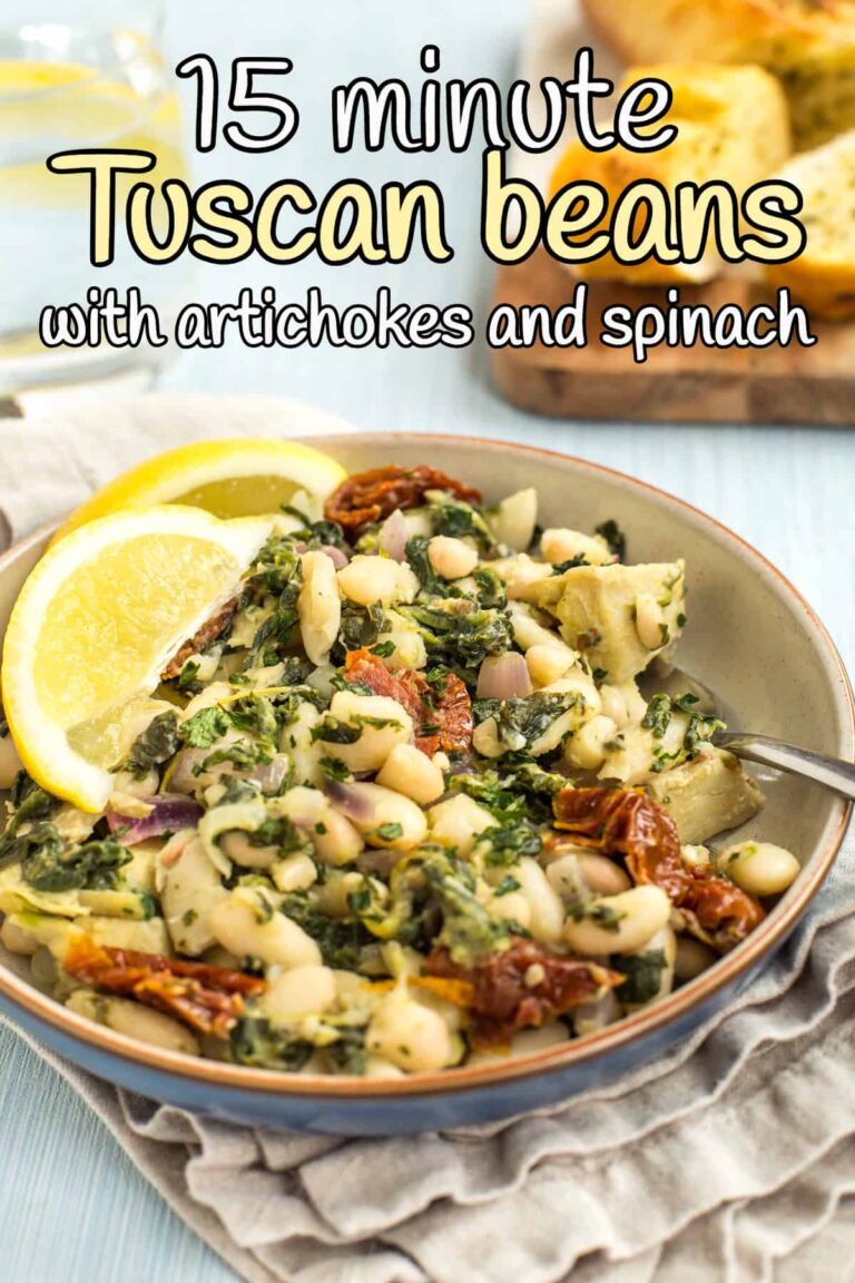 15 Minute Tuscan Beans with Artichokes and Spinach - Easy Cheesy Vegetarian