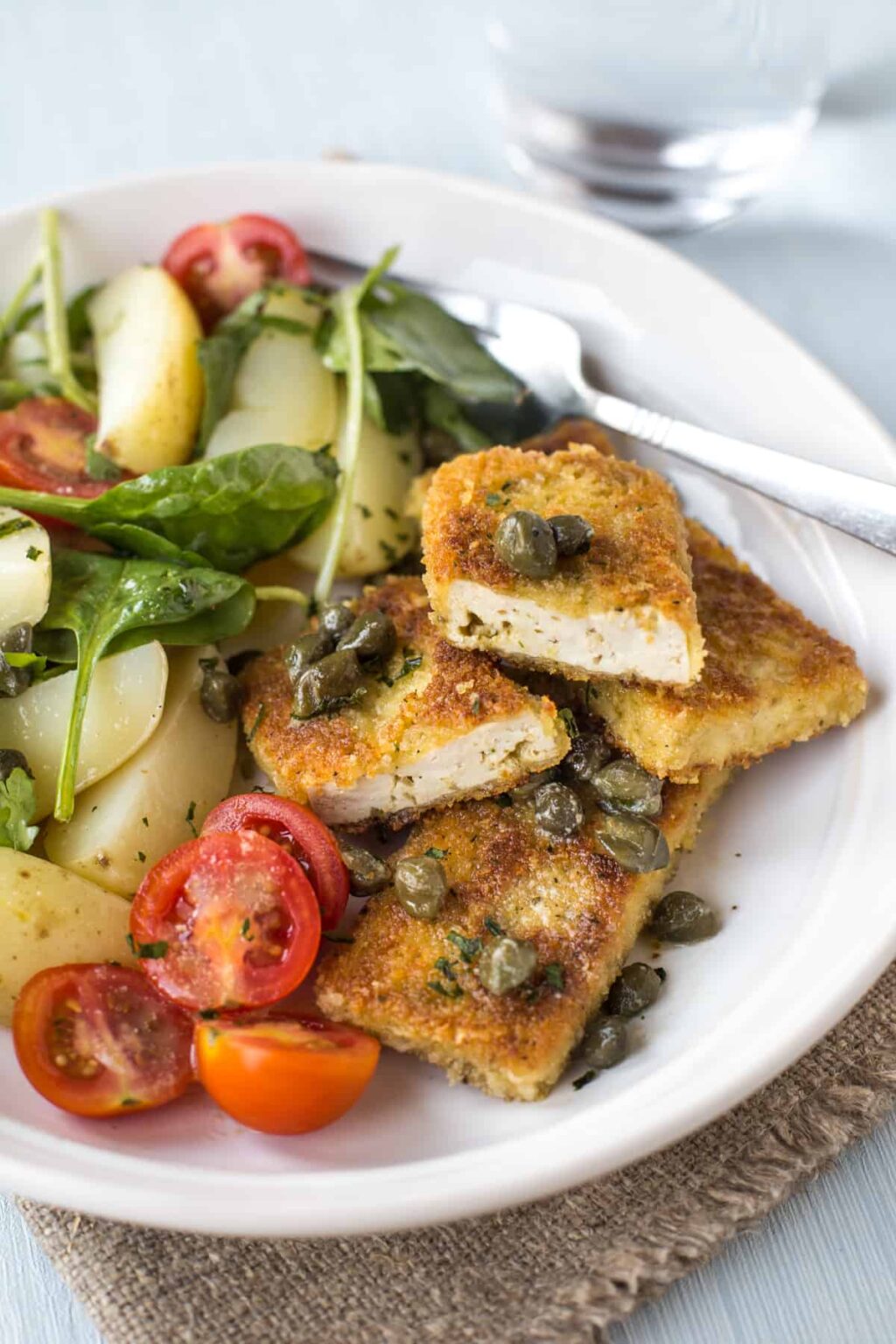 Crispy Tofu Escalopes with Buttery Caper Sauce - Easy Cheesy Vegetarian