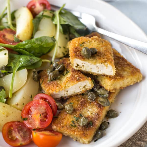 Crispy Tofu Escalopes with Buttery Caper Sauce - Easy Cheesy Vegetarian