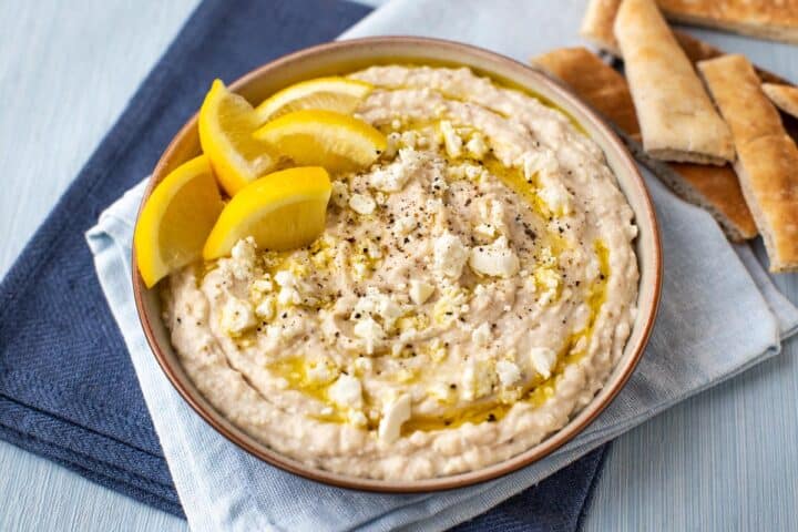 White Bean Hummus with Feta Cheese (No Tahini) - Easy Cheesy Vegetarian