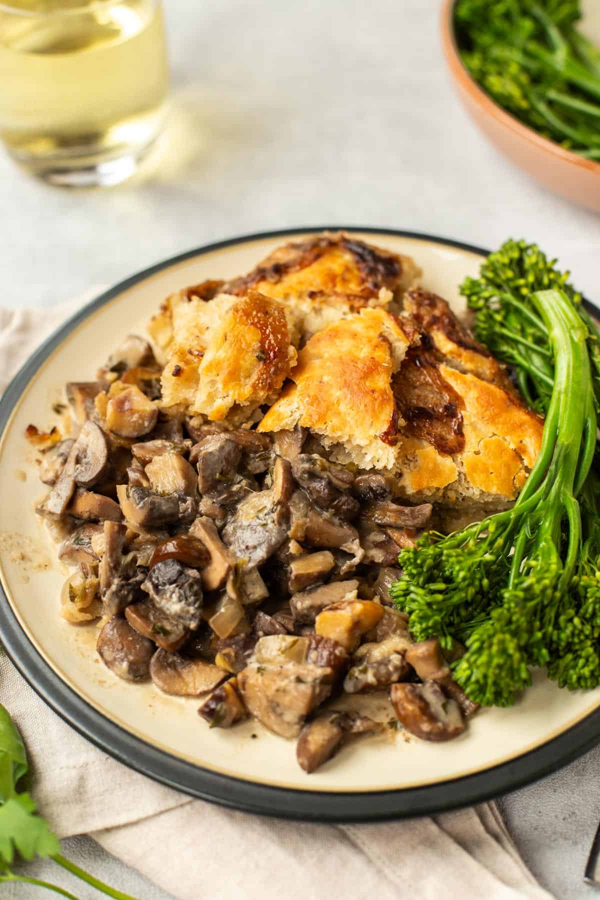 Chestnut and mushroom pie with suet crust and broccoli.