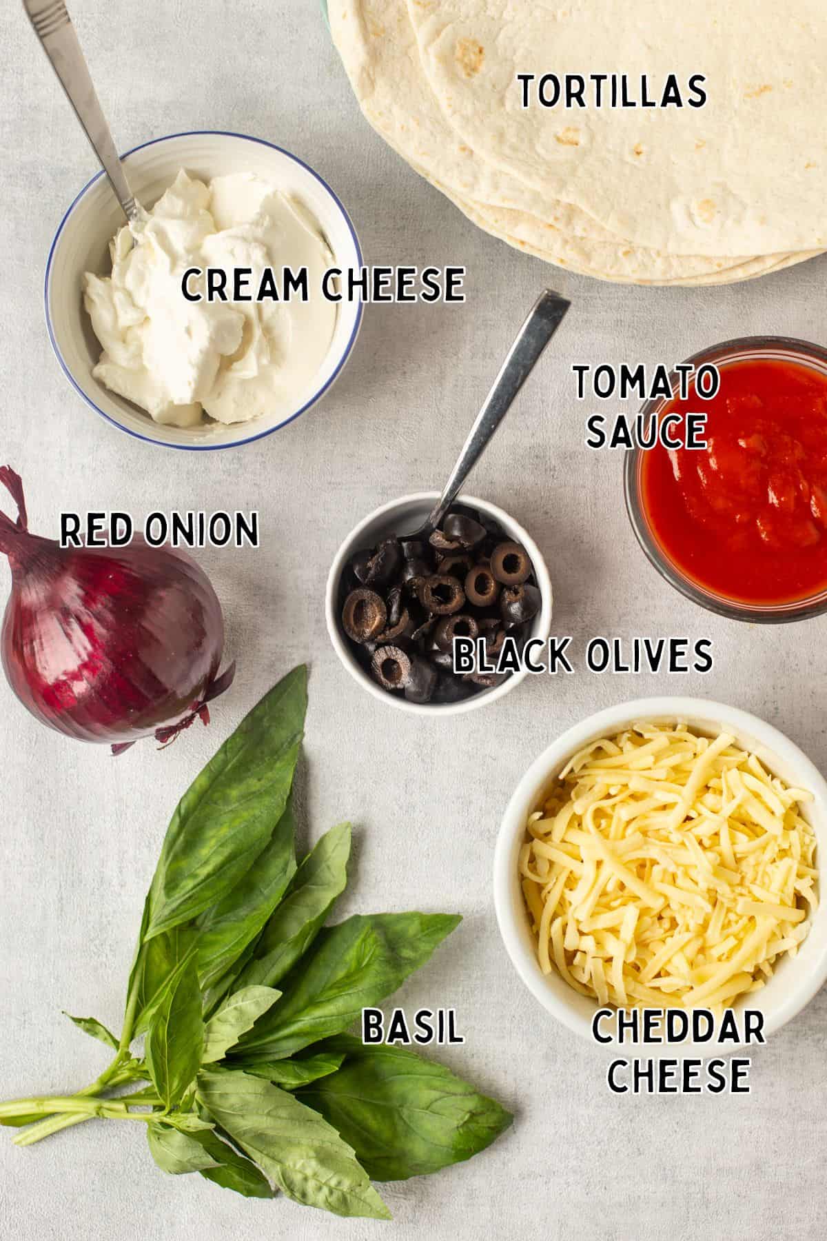 Ingredients for creamy zigzag tortilla bake with text overlay.