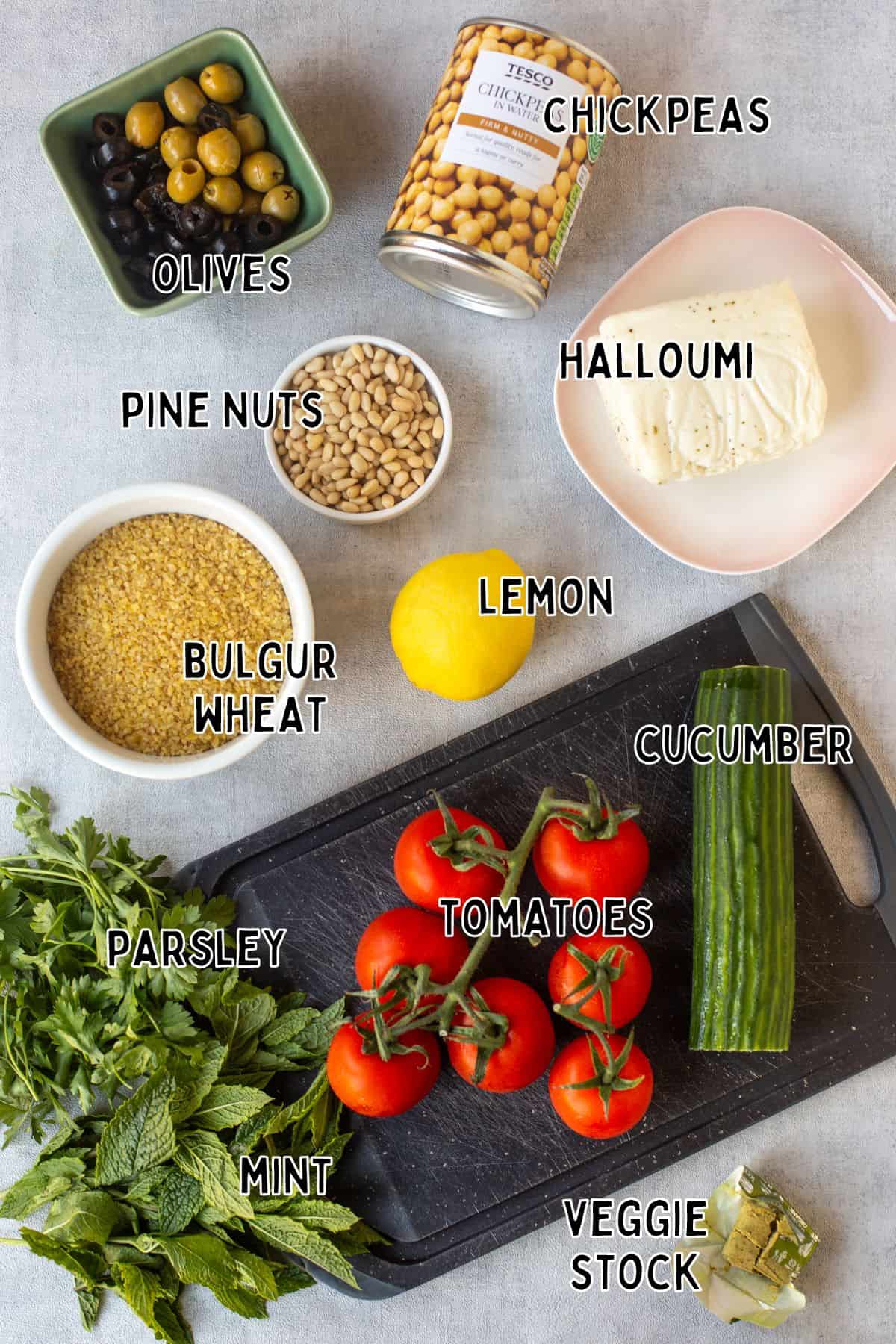 Ingredients for extra special tabbouleh salad laid out with text overlay.