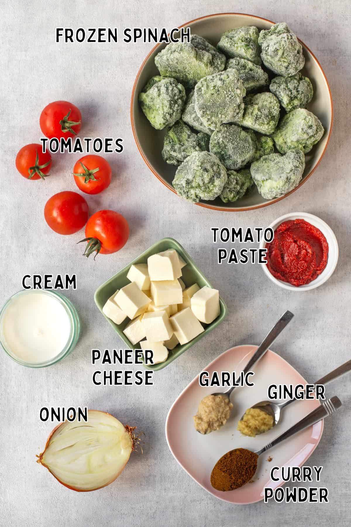 Ingredients for saag paneer laid out with text overlay.