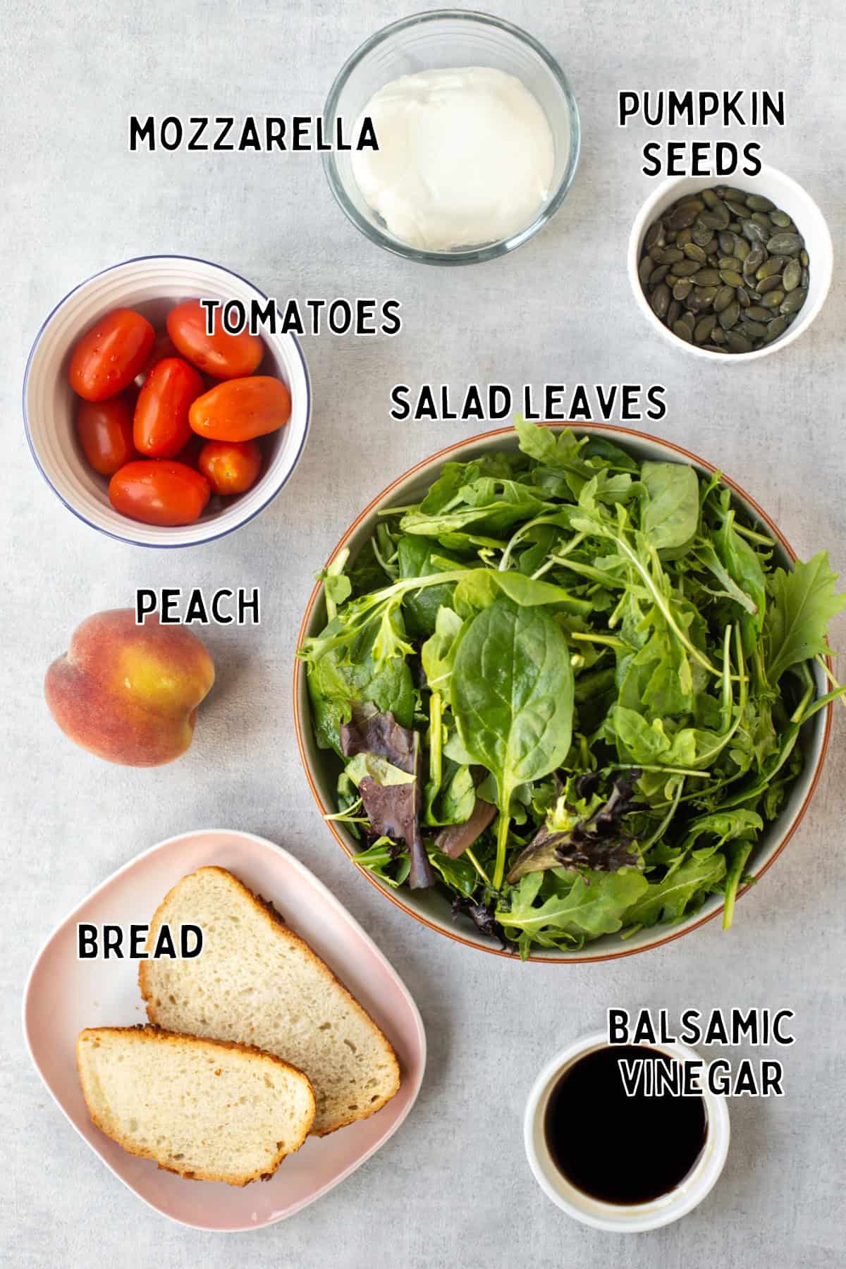 Ingredients for peach and mozzarella salad laid out with text overlay.