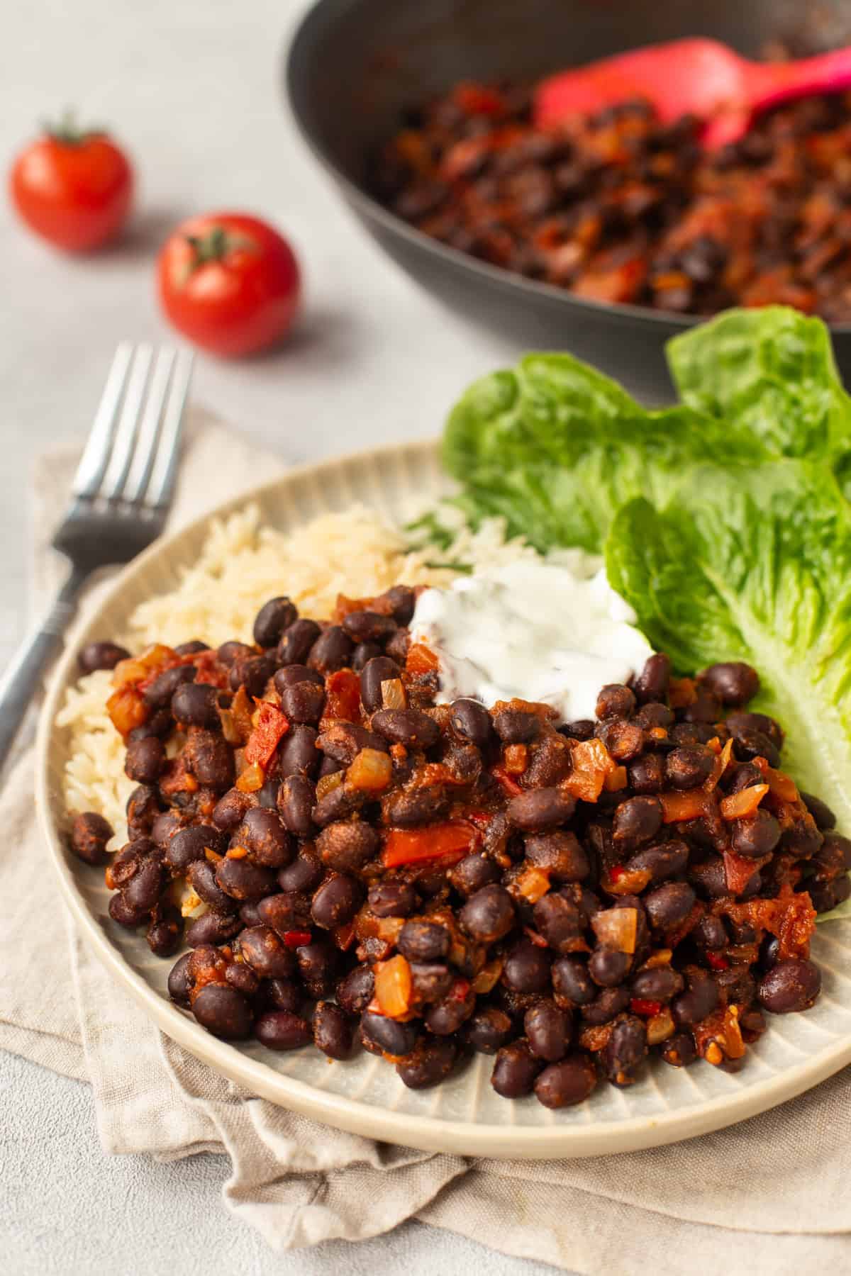 A portion of tomato and black bean stew served with rice, lettuce and sour cream.