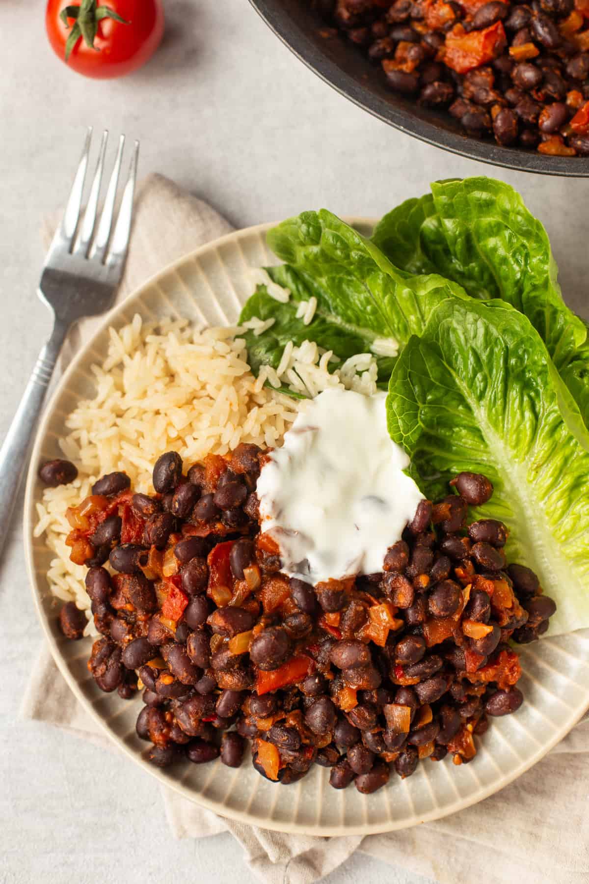 Overhead shot of rich tomato and black bean stew with rice and lettuce.