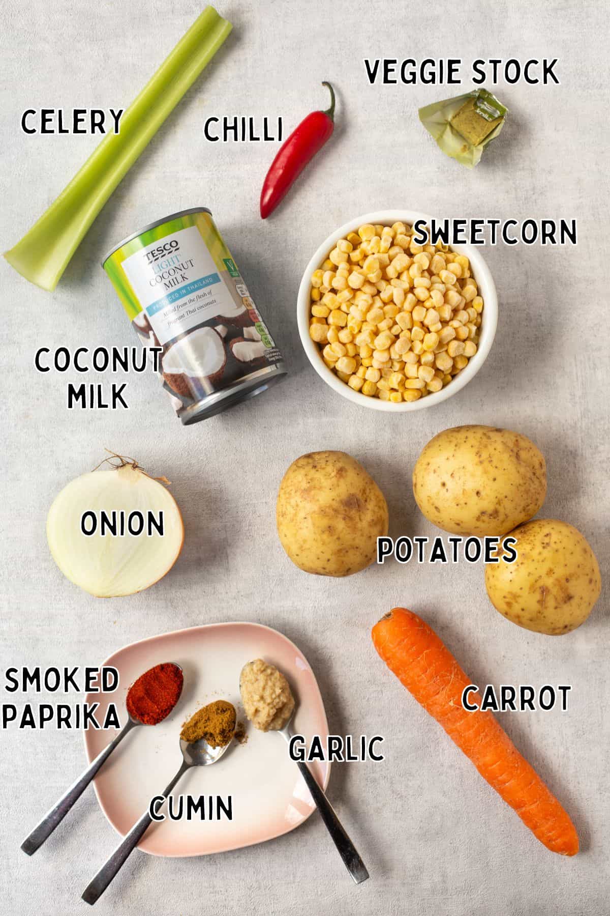 Ingredients for vegan corn chowder laid out with text overlay.