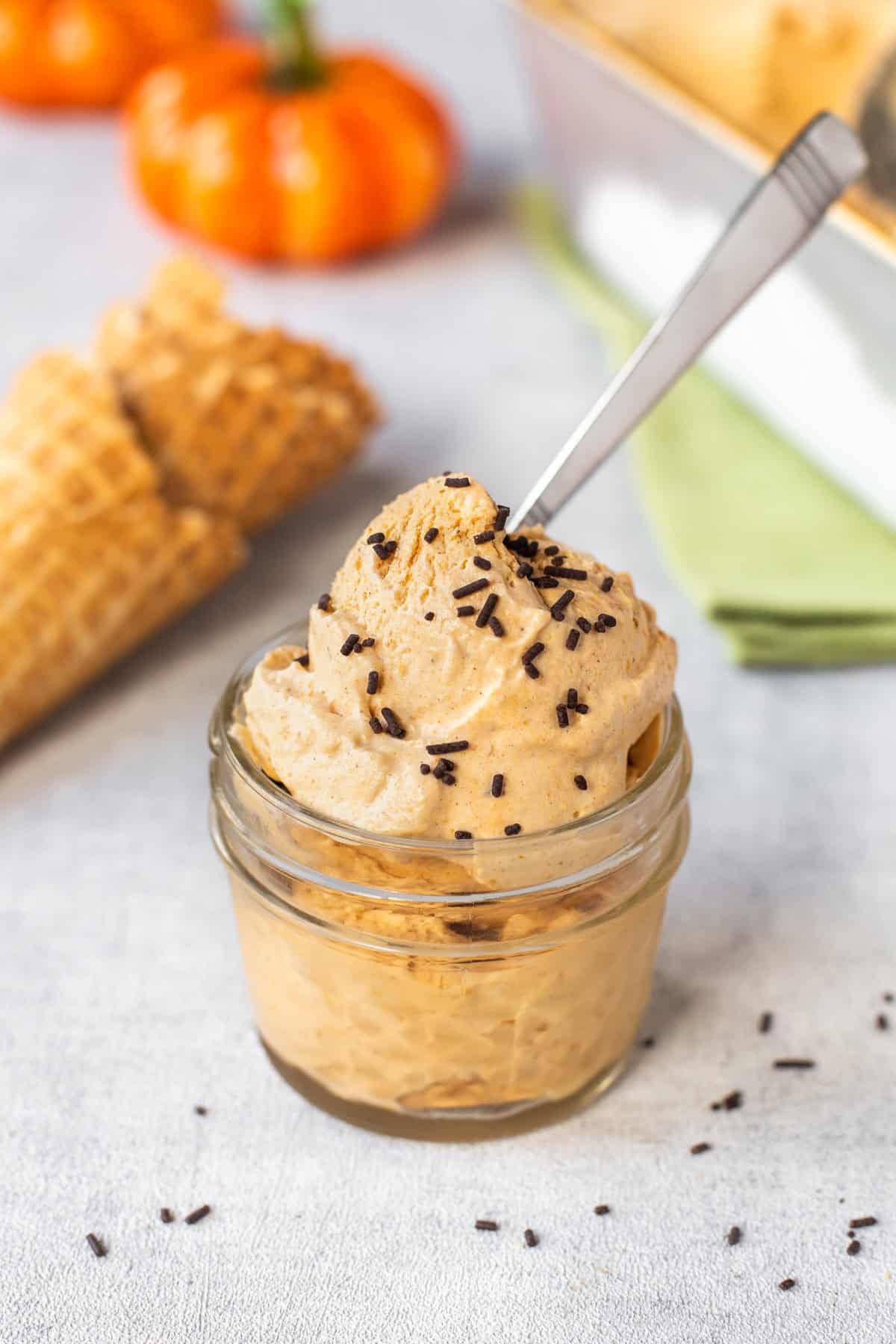 A small bowl of pumpkin pie ice cream topped with chocolate sprinkles.