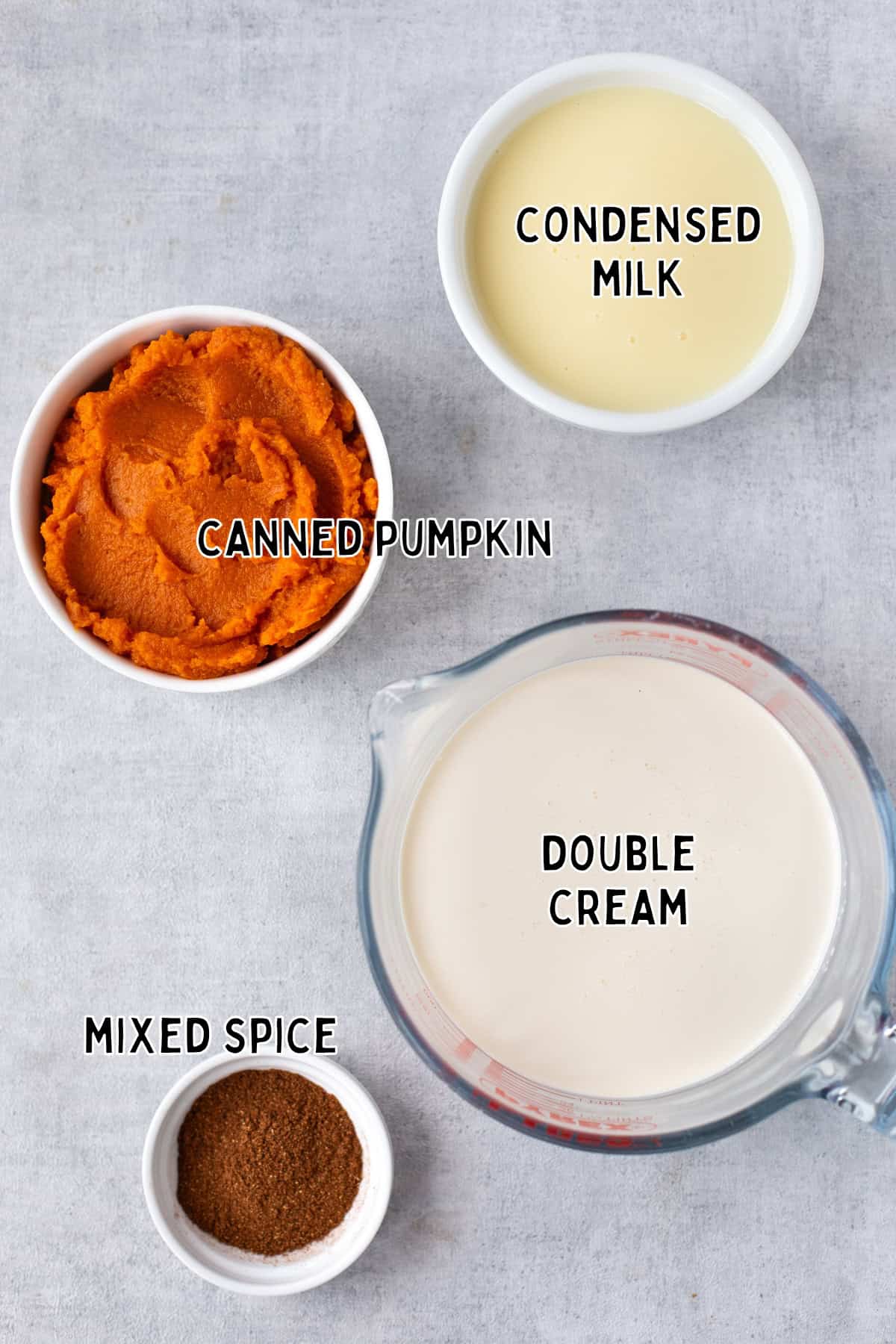 Ingredients for pumpkin pie ice cream laid out with text overlay.