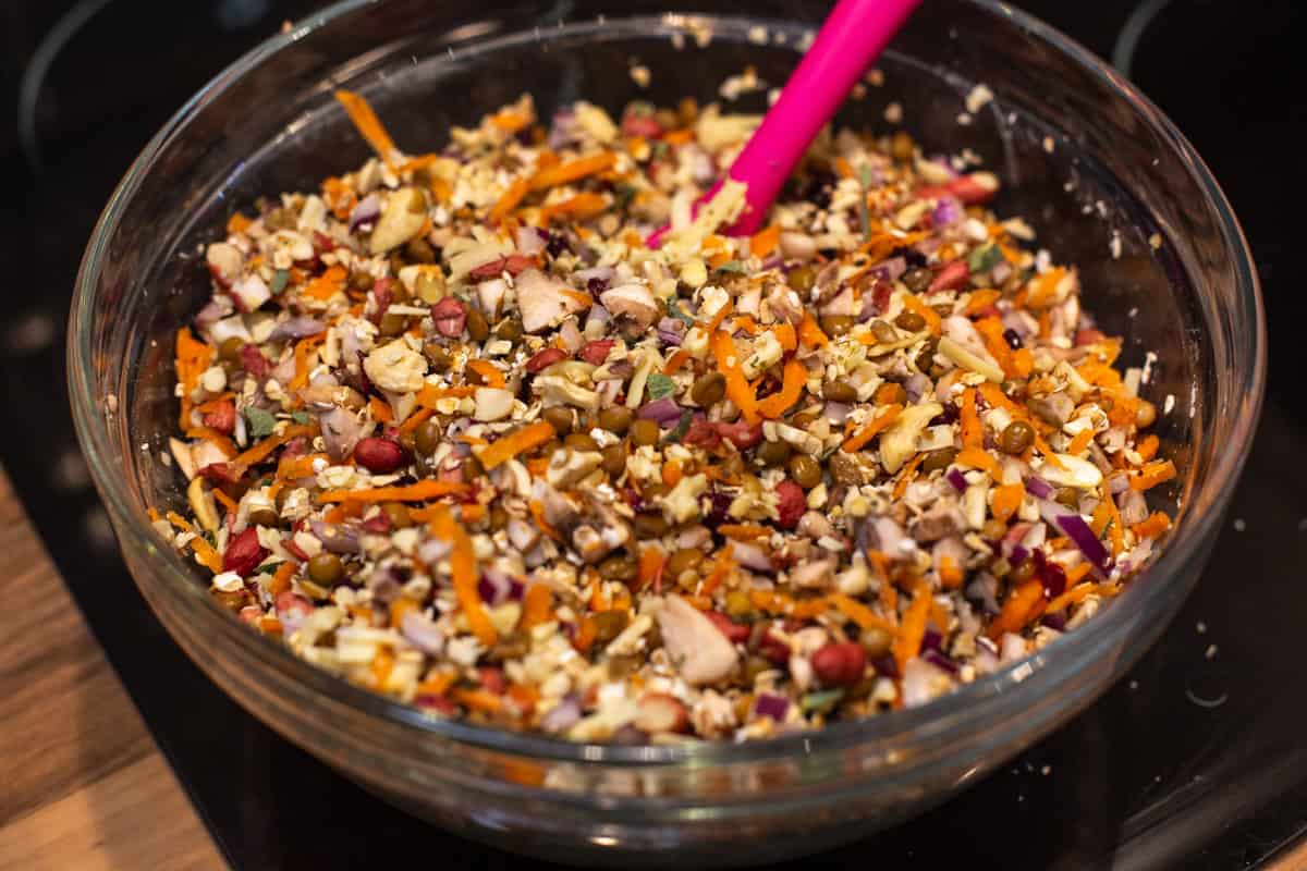 Raw nut roast mixture combined in a large bowl.