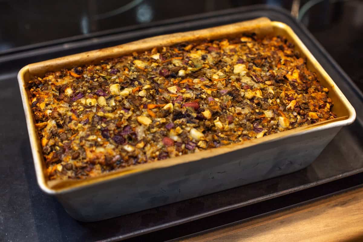 A crispy nut roast in a loaf tin.