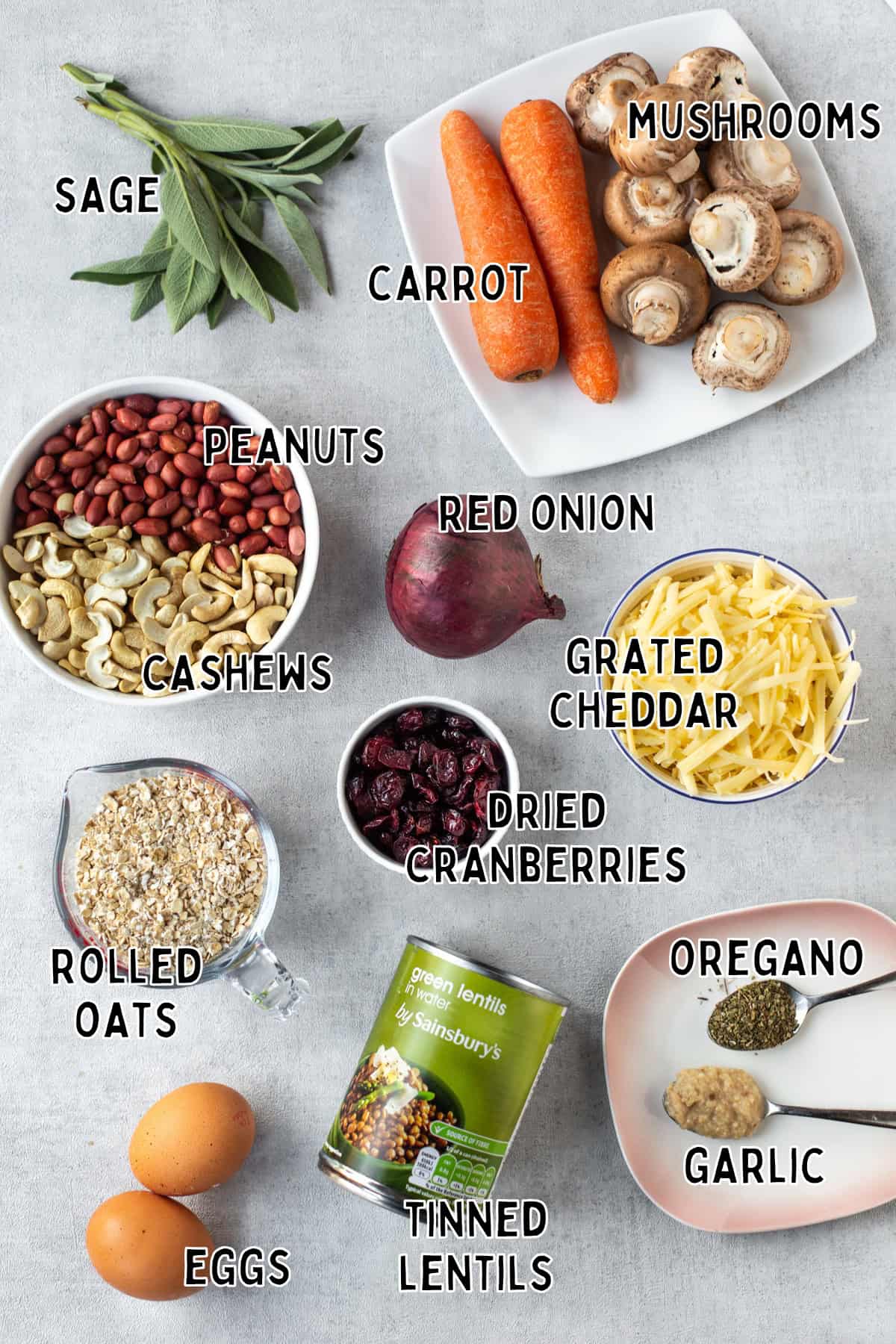 Ingredients for an easy vegetarian nut roast laid out with text overlay.