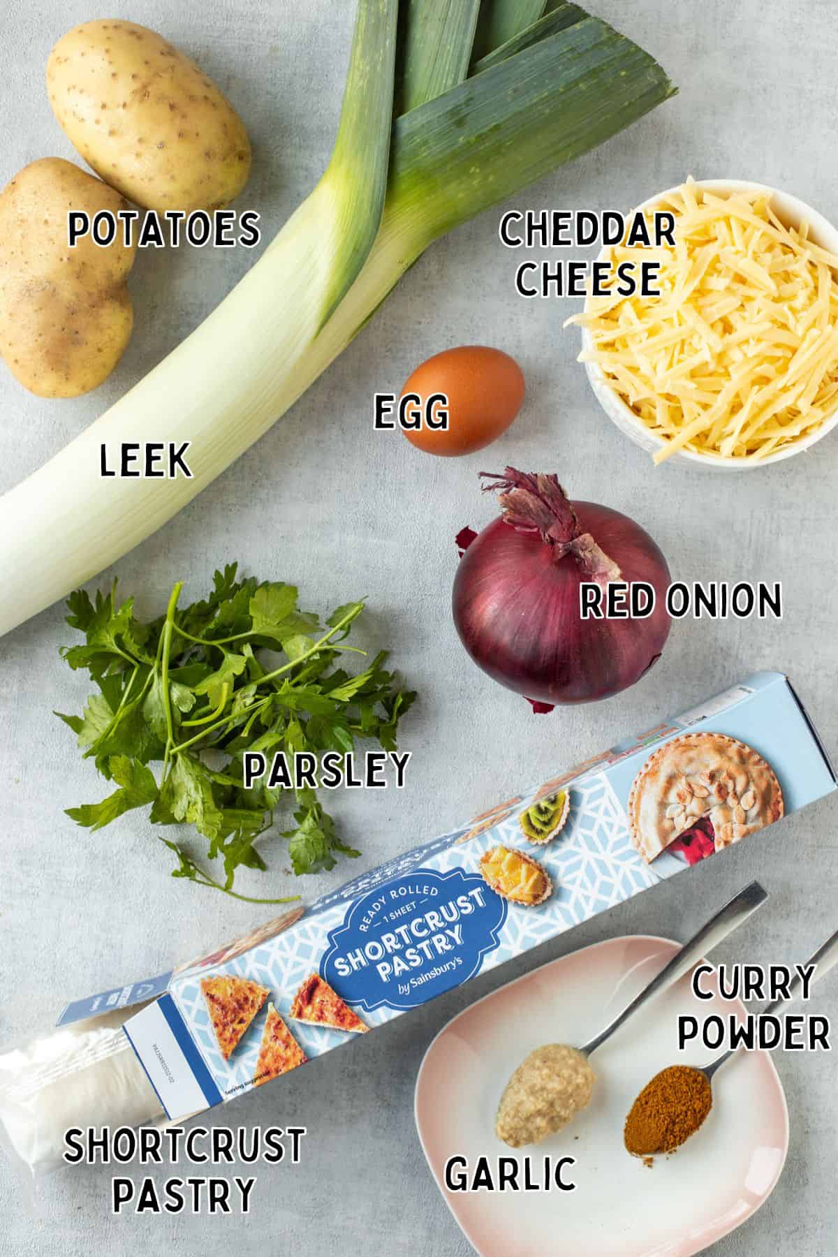 Ingredients for homity pie laid out with text overlay.