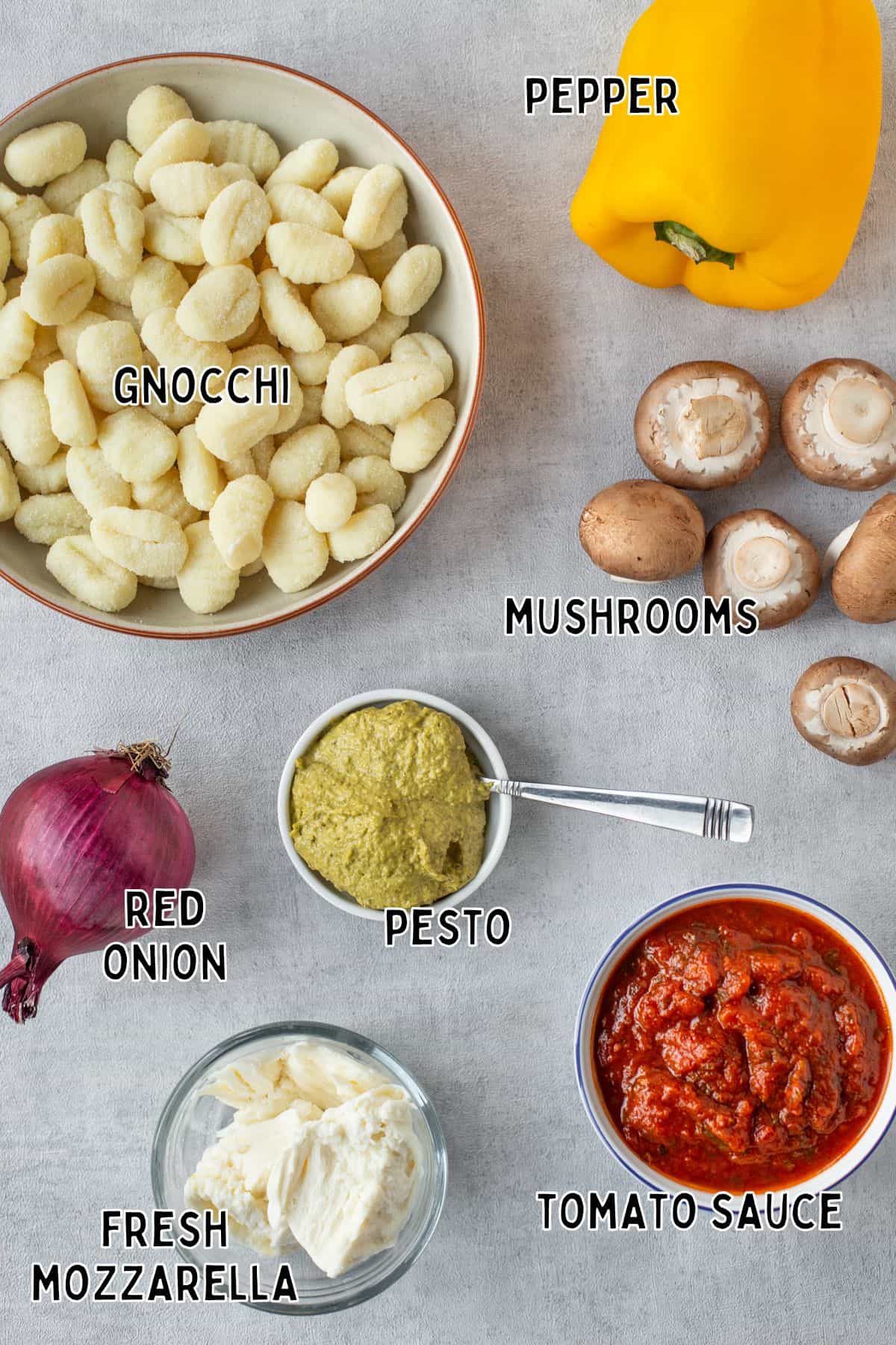 Ingredients for air fryer gnocchi laid out with text overlay.