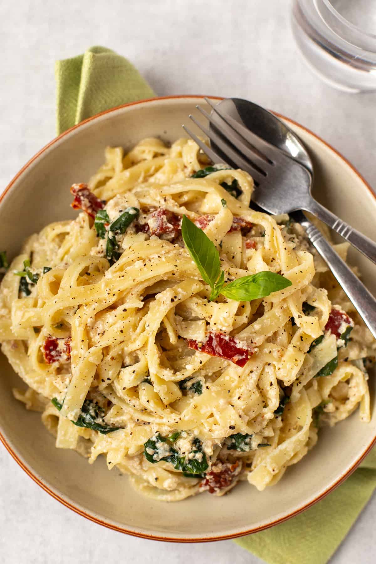 Creamy tofu pasta with sun-dried tomatoes and spinach.