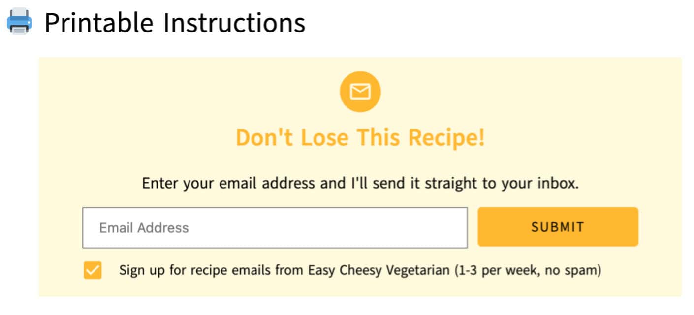 'Email me this recipe' box on Easy Cheesy Vegetarian.