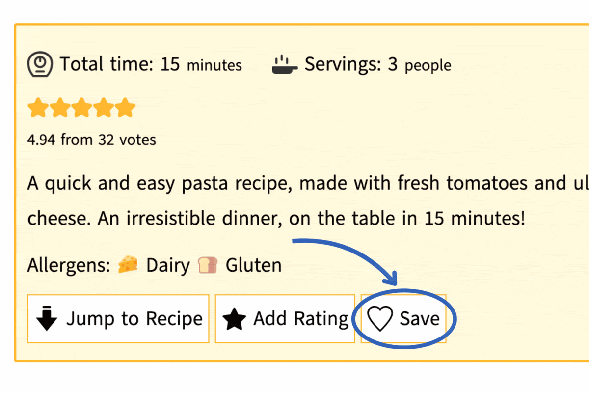 GIF showing how to save recipes on Easy Cheesy Vegetarian.